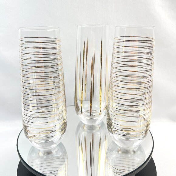Mid-Century Modern Champagne Glass Flutes Gold & White Glassware Set of 3 - Picture 1 of 10